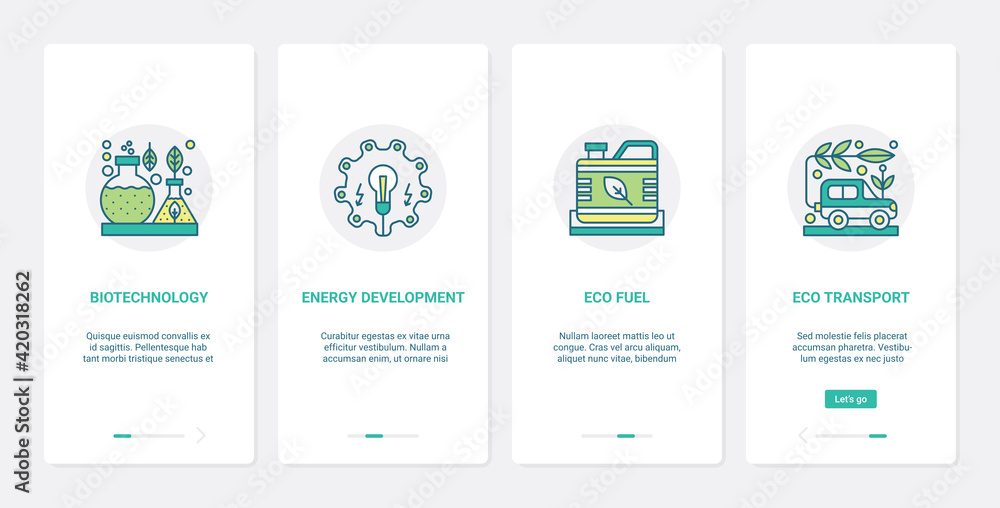 Biotechnology science eco technology vector illustration. UX, UI onboarding mobile app page screen set with line scientific research for environmental protection, green electricity, fuel development
