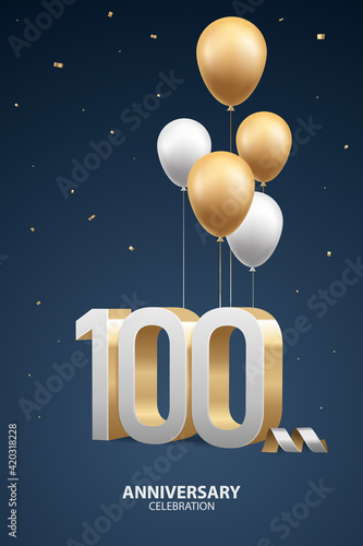 100th Year anniversary celebration background. 3D Golden numbers with gold and white balloons and confetti on blue background.