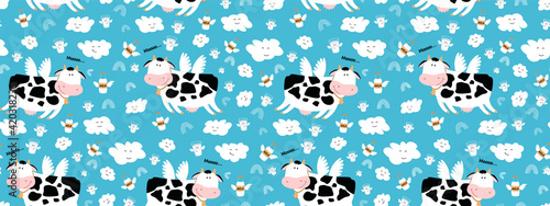 Adorable flying cow. Against the background of the blue sky. Cute clouds, milk, bottles, glasses. Seamless childish pattern. Drawing of a cow with wings. Illustration for children. I love milk.