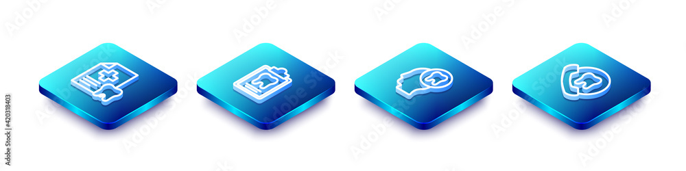 Set Isometric line Dental card, , Human head with tooth and Online dental care icon. Vector Set Isometric line Dental card, , Human head with tooth and Online dental care icon. Vector
