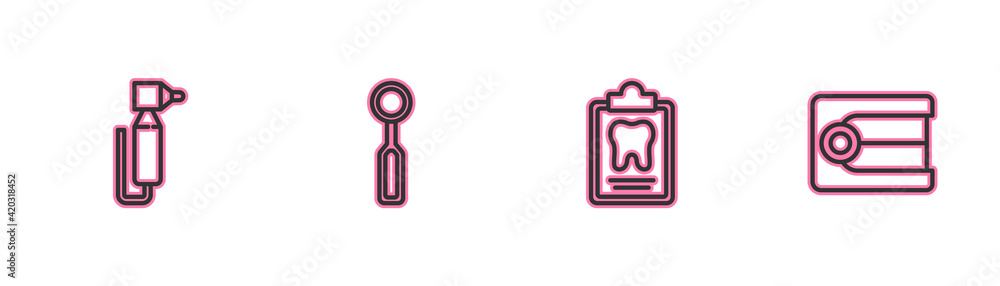 Set line Tooth drill, Dental card, inspection mirror and Dentures model icon. Vector Set line Tooth drill, Dental card, inspection mirror and Dentures model icon. Vector