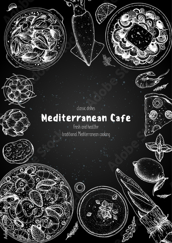 Mediterranean cuisine top view frame. A set of mediterranean dishes . Food menu design template. Vintage hand drawn sketch vector illustration