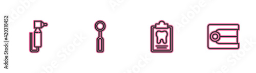 Set line Tooth drill, Dental card, inspection mirror and Dentures model icon. Vector
