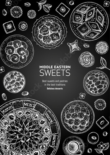Oriental sweets vector illustration. Middle eastern food, hand drawn sketch. Linear graphic. Food menu background.