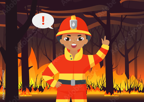 Fireman fire fighter kid vector illustration. Cartoon boy firefighter rescuer character in protective uniform warning about wildfire, natural disaster by forest fire in burning landscape background