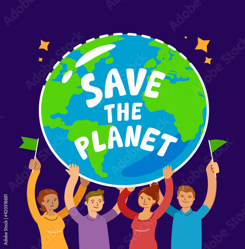 People holding planet Earth. Hands hold globe of world. Environment, ecology, nature conservation concept vector illustration