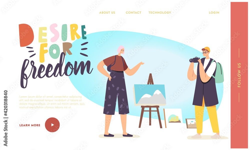 Professional Art, Painting Landing Page Template. Tourist Characters Enjoy Street Art Making Photo of Beautiful Picture Professional Art, Painting Landing Page Template. Tourist Characters Enjoy Street Art Making Photo of Beautiful Picture