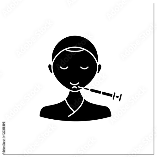 Botox injection glyph icon.Injection in chin. Lifting.Rejuvenation. Full syringe. Beauty cosmetic procedure concept.Filled flat sign. Isolated silhouette vector illustration