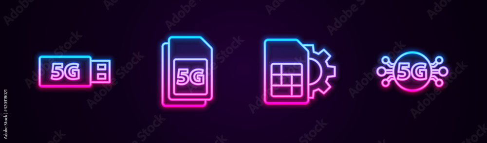 Set line 5G modem, Sim Card, card setting and network. Glowing neon icon. Vector Set line 5G modem, Sim Card, card setting and network. Glowing neon icon. Vector