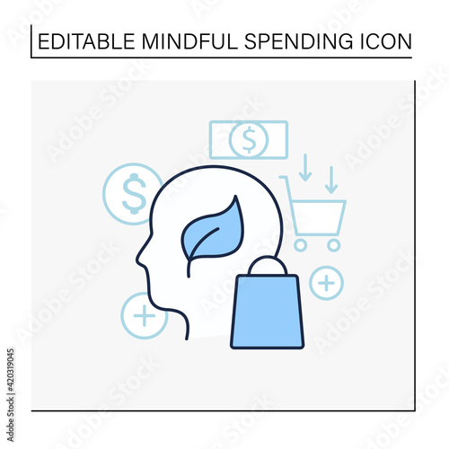 Green thinking line icon. Conscious things consumption. Thinking about nature. Ecological shopping. Thoughtful spending money. Mindful spending concept.Isolated vector illustration.Editable stroke
