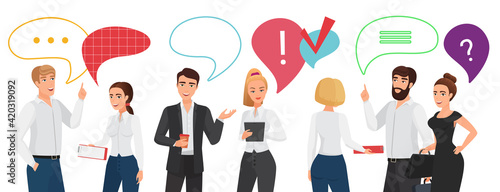 Business people team communication vector illustration. Cartoon businessman and businesswoman characters standing, holding coffee or briefcase, communicating with chat message bubble above head