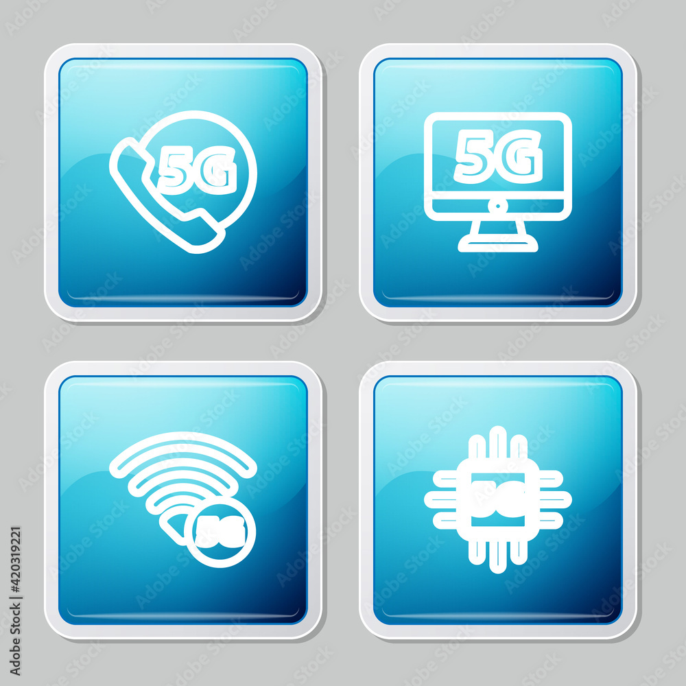 Set line Phone with 5G network, Monitor, and Processor icon. Vector Set line Phone with 5G network, Monitor, and Processor icon. Vector
