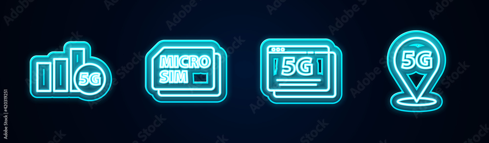 Set line 5G network, Micro Sim Card, and Location. Glowing neon icon. Vector Set line 5G network, Micro Sim Card, and Location. Glowing neon icon. Vector