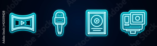 Set line Online play video, Microphone, CD disk award frame and Action extreme camera. Glowing neon icon. Vector