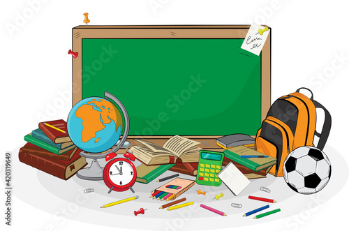 Illustration of school supplies on a white background. Chalkboard with books and a globe. Back to school. 