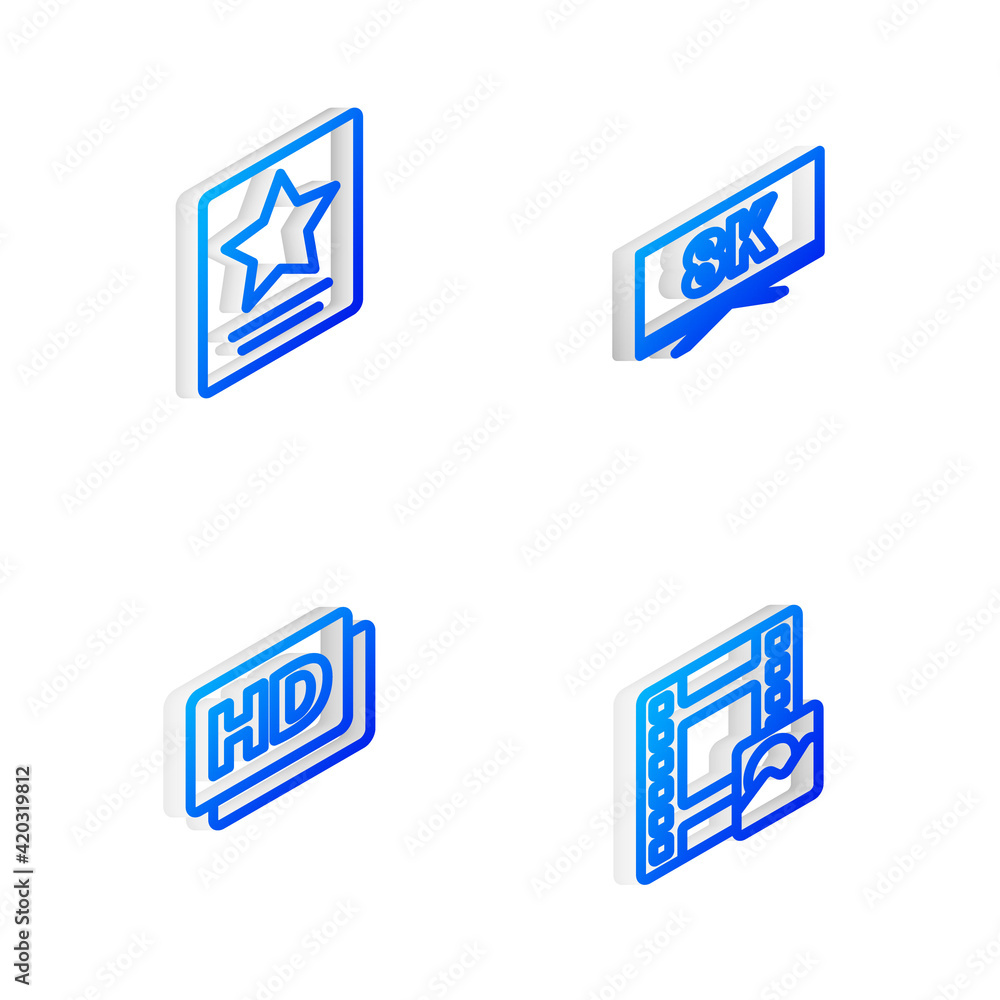 Set Isometric line Screen tv with 8k, Hollywood walk of fame star, Hd movie, tape, frame and Play Video icon. Vector Set Isometric line Screen tv with 8k, Hollywood walk of fame star, Hd movie, tape, frame and Play Video icon. Vector
