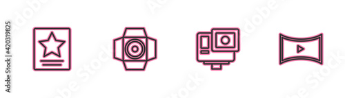 Set line Hollywood walk of fame star, Action extreme camera, Movie spotlight and Online play video icon. Vector