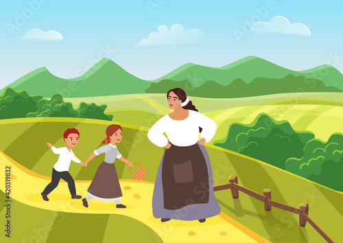 Beautiful happy peasant mother and children, medieval farmers family vector illustration. Cartoon woman villager character standing with son and daughter child on road through green farm village field