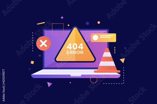 Open laptop screen with Error 404 icon. Page not found, problems on the server. Modern computer technologies, vector illustration.