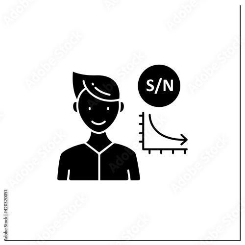 Low signal glyph icon. Low signal to noise ratio. Minimum level to establish connections.Information overload concept.Filled flat sign. Isolated silhouette vector illustration