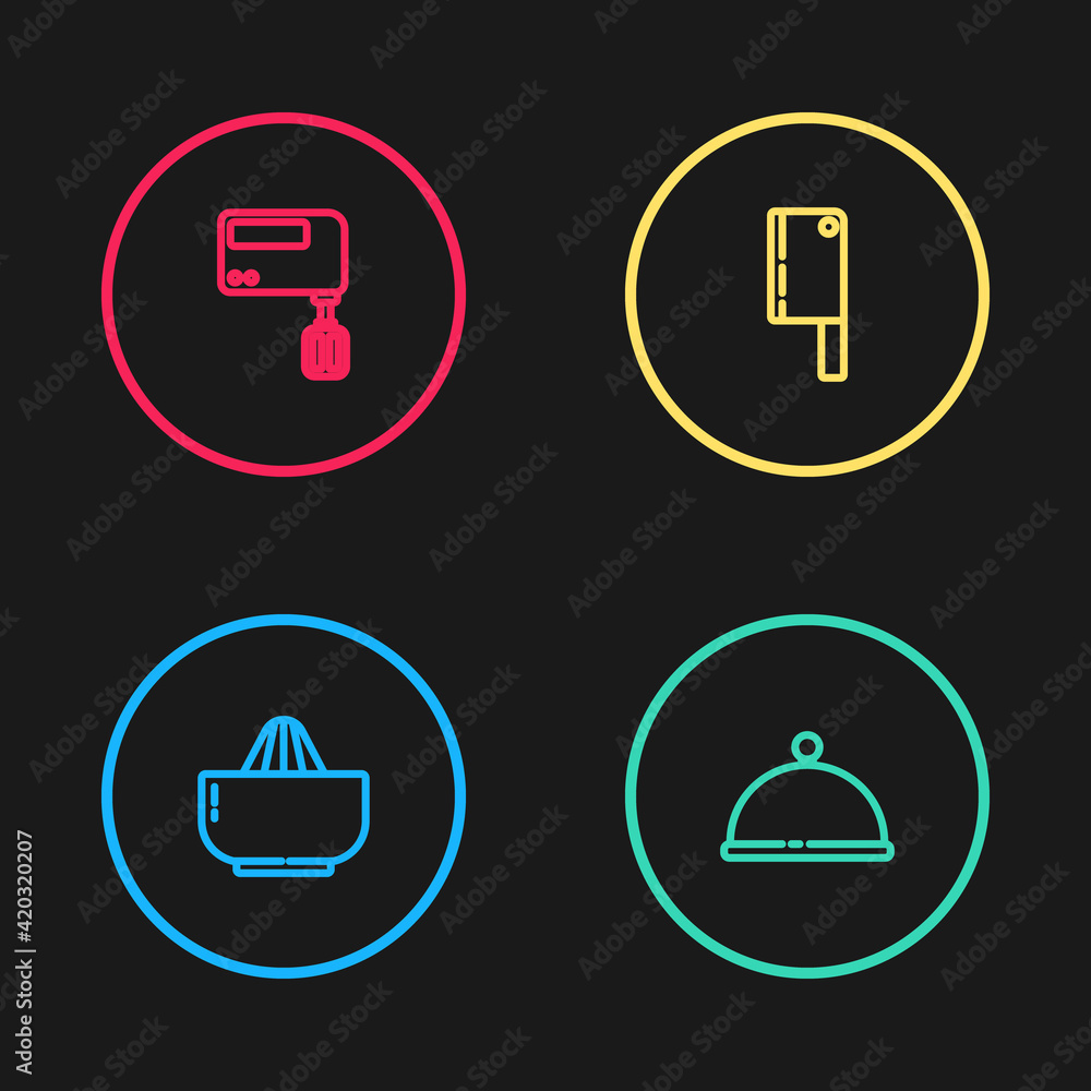 Set line Citrus fruit juicer, Covered with tray, Meat chopper and Electric mixer icon. Vector Set line Citrus fruit juicer, Covered with tray, Meat chopper and Electric mixer icon. Vector