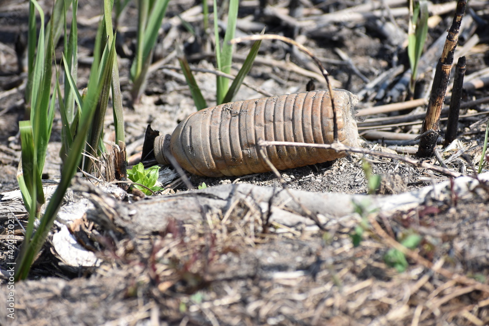 Obraz premium Discarded plastic bottle laying in bay creating environmental litter and waste