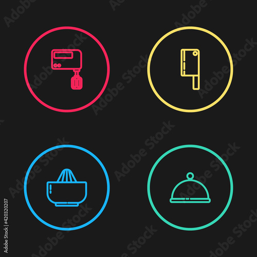 Set line Citrus fruit juicer, Covered with tray, Meat chopper and Electric mixer icon. Vector © vector_v