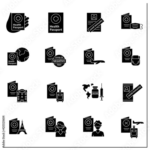 Health passport glyph icons set.Necessary document.Information about health status. Covid passport collections.Fight against.Vaccination card. Filled flat sign. Isolated silhouette vector illustration