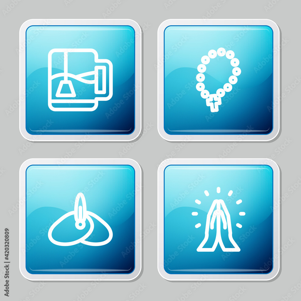 Set line Cup of tea with tea bag, Rosary beads religion, Indian headgear turban and Hands in praying position icon. Vector Set line Cup of tea with tea bag, Rosary beads religion, Indian headgear turban and Hands in praying position icon. Vector