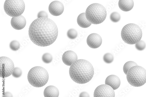 Falling Golf ball isolated on white background, selective focus