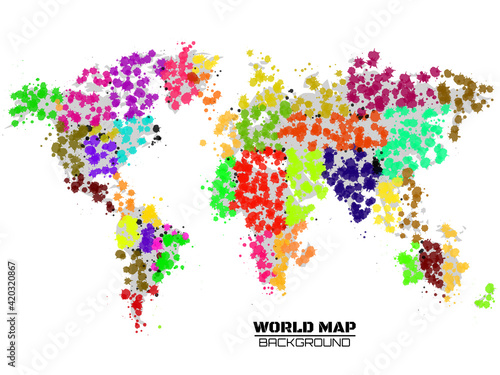 Abstract colorful world map in the form of blots  colorful ink splashes  grunge splatters. Vector illustration