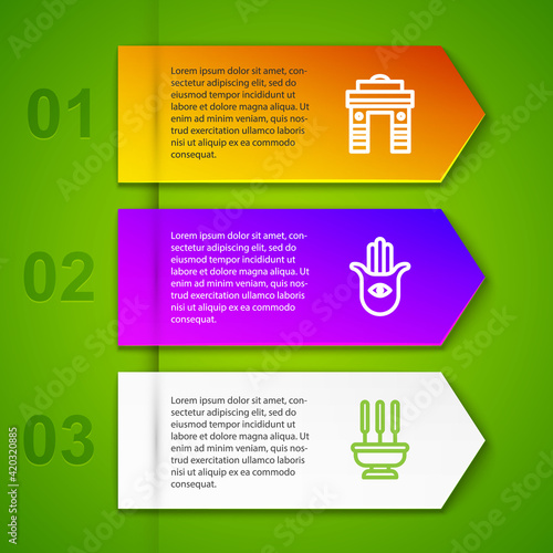 Set line India Gate in Delhi, Hamsa hand, Incense sticks and Aroma lamp. Business infographic template. Vector
