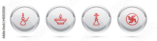 Set line Hookah, Aroma lamp, and Hindu swastika. Silver circle button. Vector