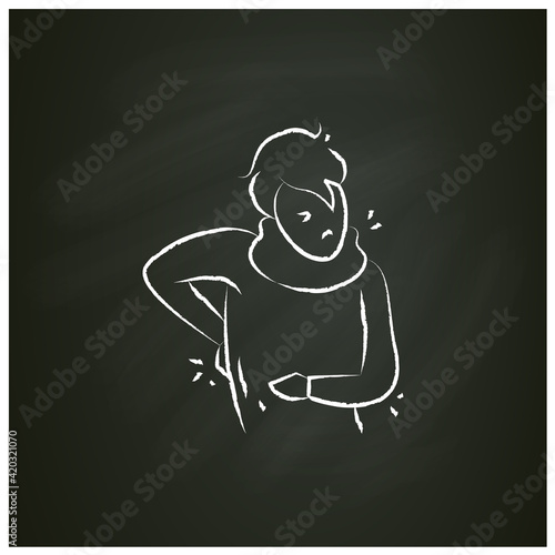 Muscle or back aches chalk icon.Character with stomach,flu,cold pain problems. Health problem.Isolated vector illustration on chalkboard