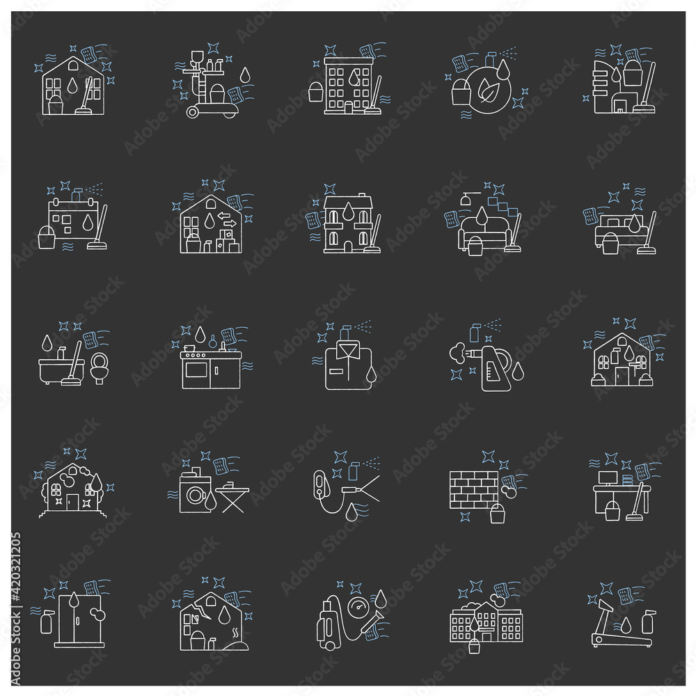 Cleaning services chalk icons set.Consists of house cleaning, apartments, commercial, services, pressure washing, sanitizing service. Isolated vector illustrations on chalkboard