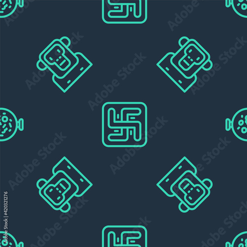 Set line Hindu swastika, Monkey and Chicken tikka masala on seamless pattern. Vector