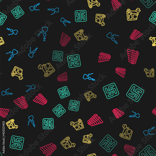 Set line Hookah, Hindu swastika, Taxi tuk tuk and Pan flute on seamless pattern. Vector