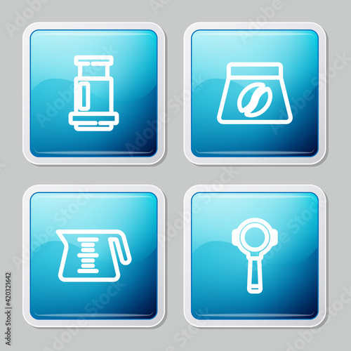 Set line Aeropress coffee, Bag beans, Coffee pot and filter holder icon. Vector