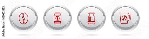 Set line Coffee beans, Bag coffee, Aeropress and cup. Silver circle button. Vector