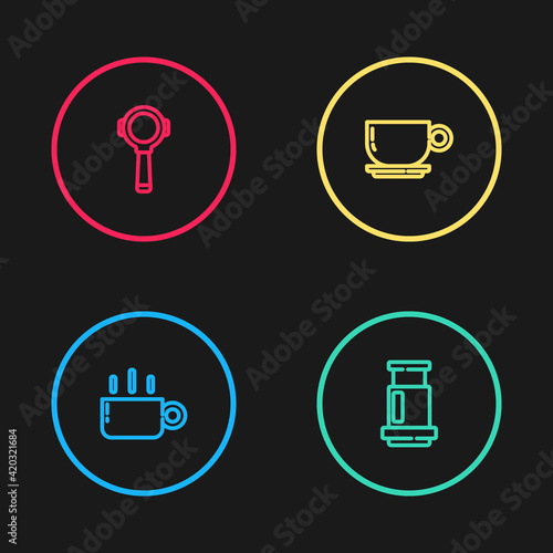 Set line Coffee cup, Aeropress coffee, and filter holder icon. Vector