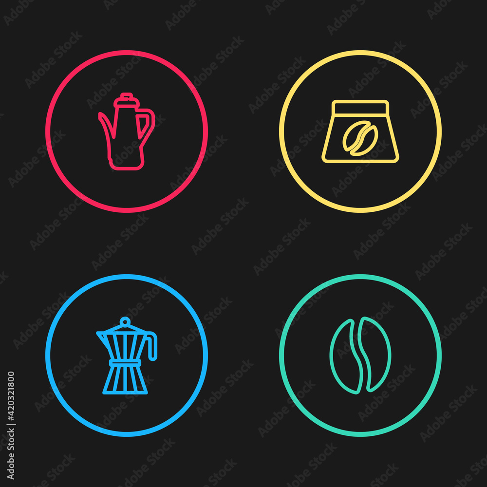 Set line Coffee moca pot, beans, Bag coffee and Teapot icon. Vector Set line Coffee moca pot, beans, Bag coffee and Teapot icon. Vector