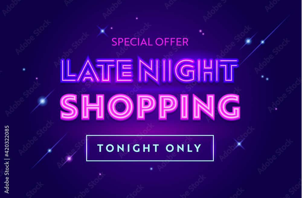 Obraz premium Late Night Sale Advertising Banner with Typography. Blue Background with Glowing Stars. Design for Shopping Discount