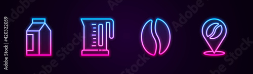 Set line Bag of coffee beans, Electric kettle, Coffee and Location with. Glowing neon icon. Vector