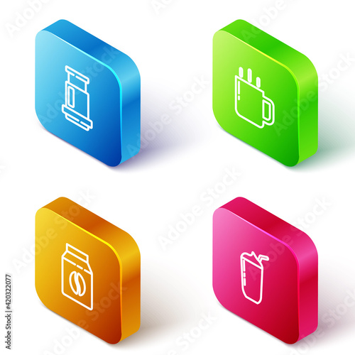 Set Isometric line Aeropress coffee, Coffee cup, Bag beans and Milkshake icon. Vector