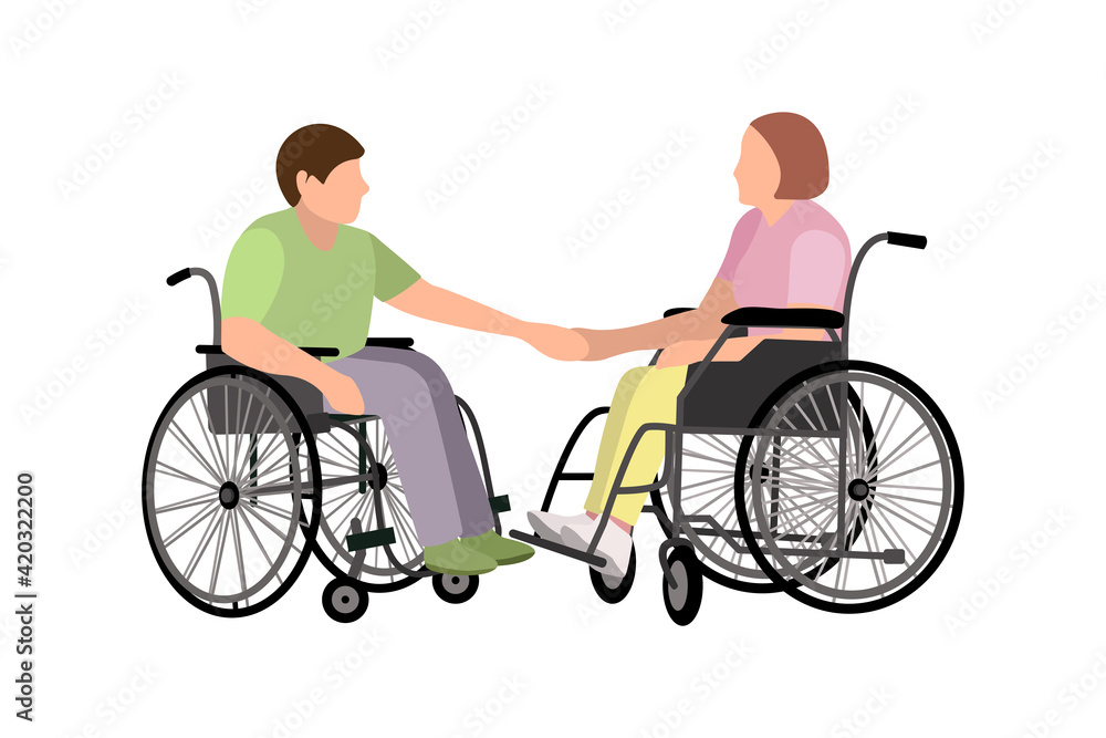 A man and a woman with disabilities in wheelchairs hold hands. Socialization, active life of disabled people. Injured human A man and a woman with disabilities in wheelchairs hold hands. Socialization, active life of disabled people. Injured human