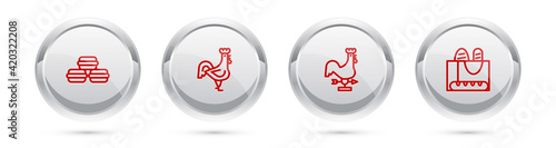 Set line Macaron cookie, French rooster, Rooster weather vane and baguette bread. Silver circle button. Vector