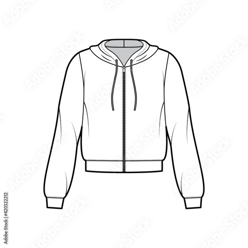 Zip-up Hoody sweatshirt technical fashion illustration with long sleeves, relax body, banded hem, cuff, drawstring. Flat apparel template front, white color style. Women, men, unisex CAD mockup