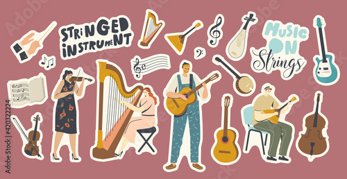 Set of Stickers Stringed Instruments Theme. Musician Characters Playing Music on Violin, Harp, Guitar or Balalaika