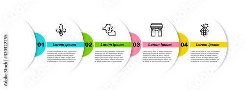 Set line Fleur De Lys, Poodle dog, Triumphal Arch and Grape fruit. Business infographic template. Vector