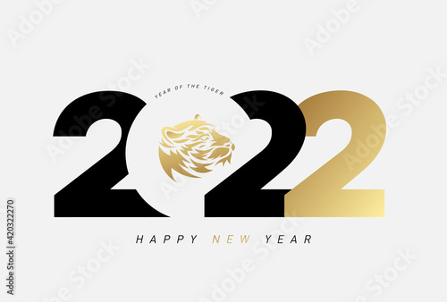 2022 Happy New Year logo design. Year of the tiger. 2022 text number design template. 2022 typography symbol Happy New Year. Vector illustration with black and pink labels isolated on white background